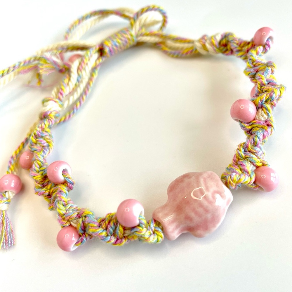 Pink fish Ceramic macrame bracelet multi-colored bohemian cord shell adjustable